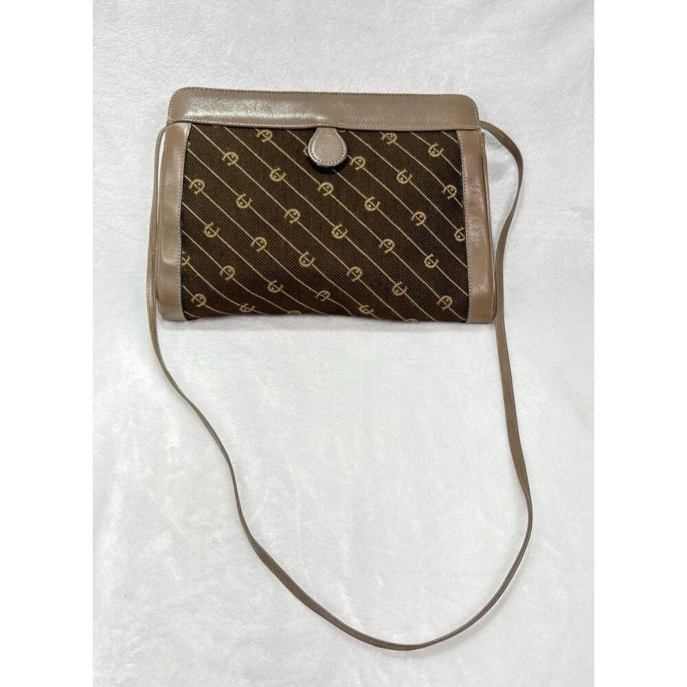 Vtg Etienne Aigner Shoulder Bag Purse Brown Logo Leather Trim Old Money Grandma